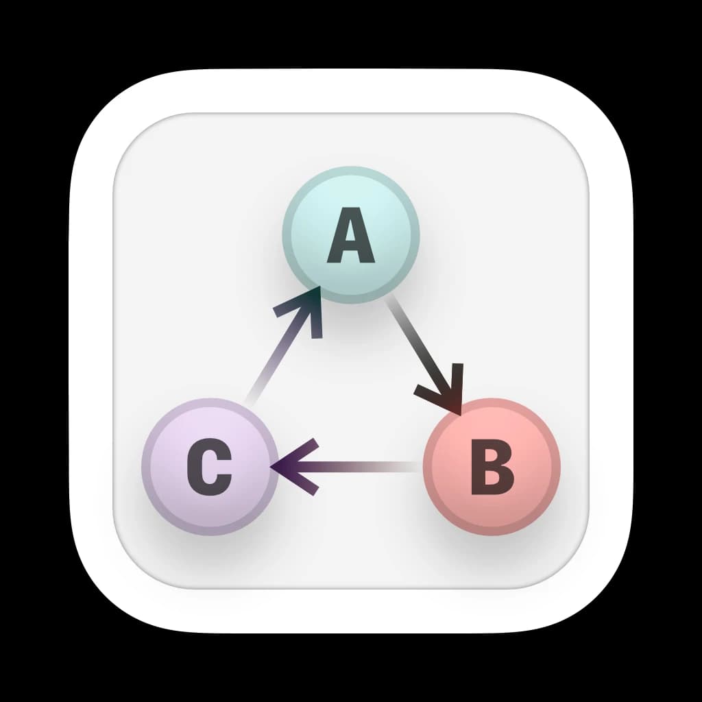 Diagrammar app icon featuring an acyclic, directed graph with three nodes labeled A, B, and C colored blue, red, and purple respectively.