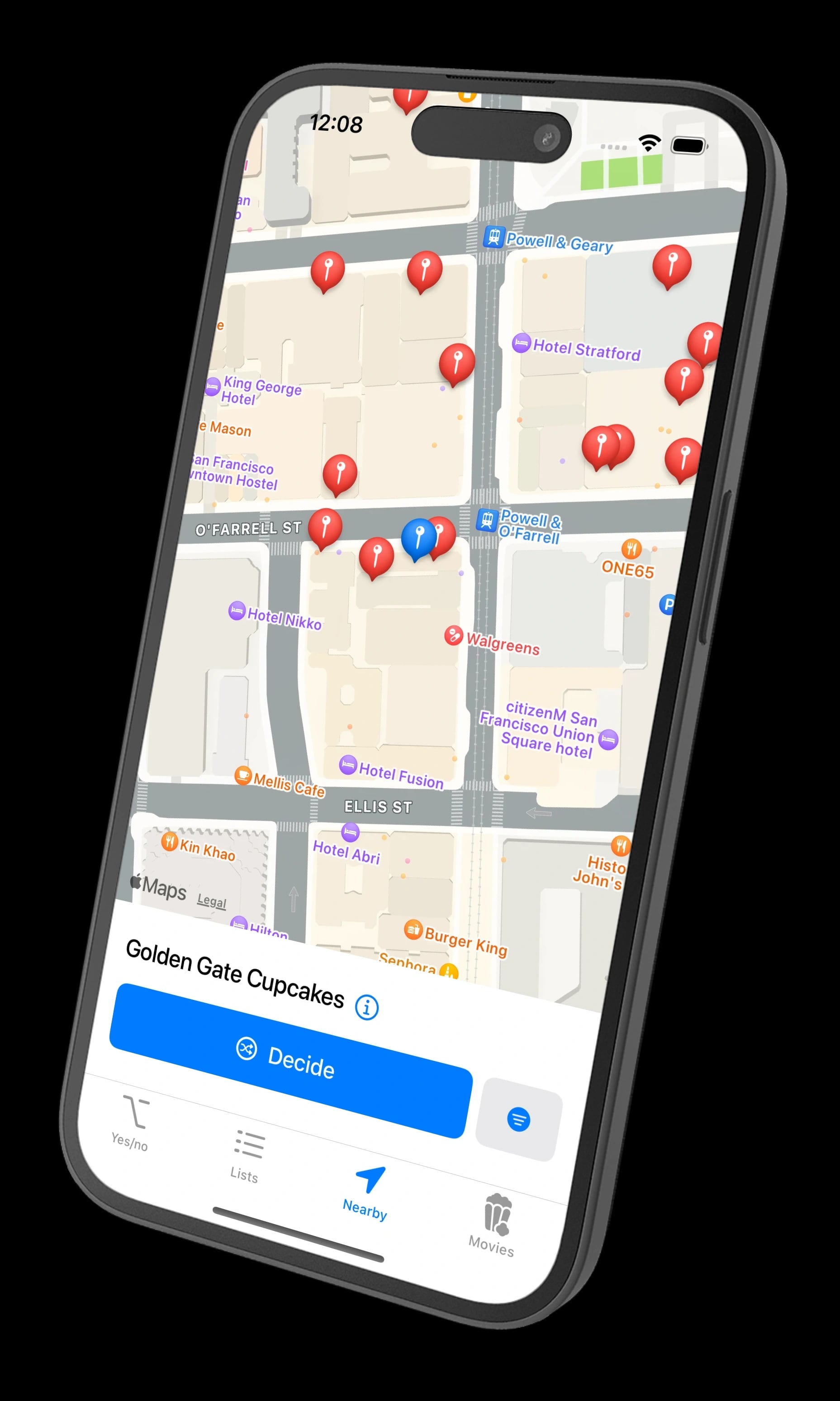 Decision Maker user interface demonstrating finding a new bakery to visit nearby.