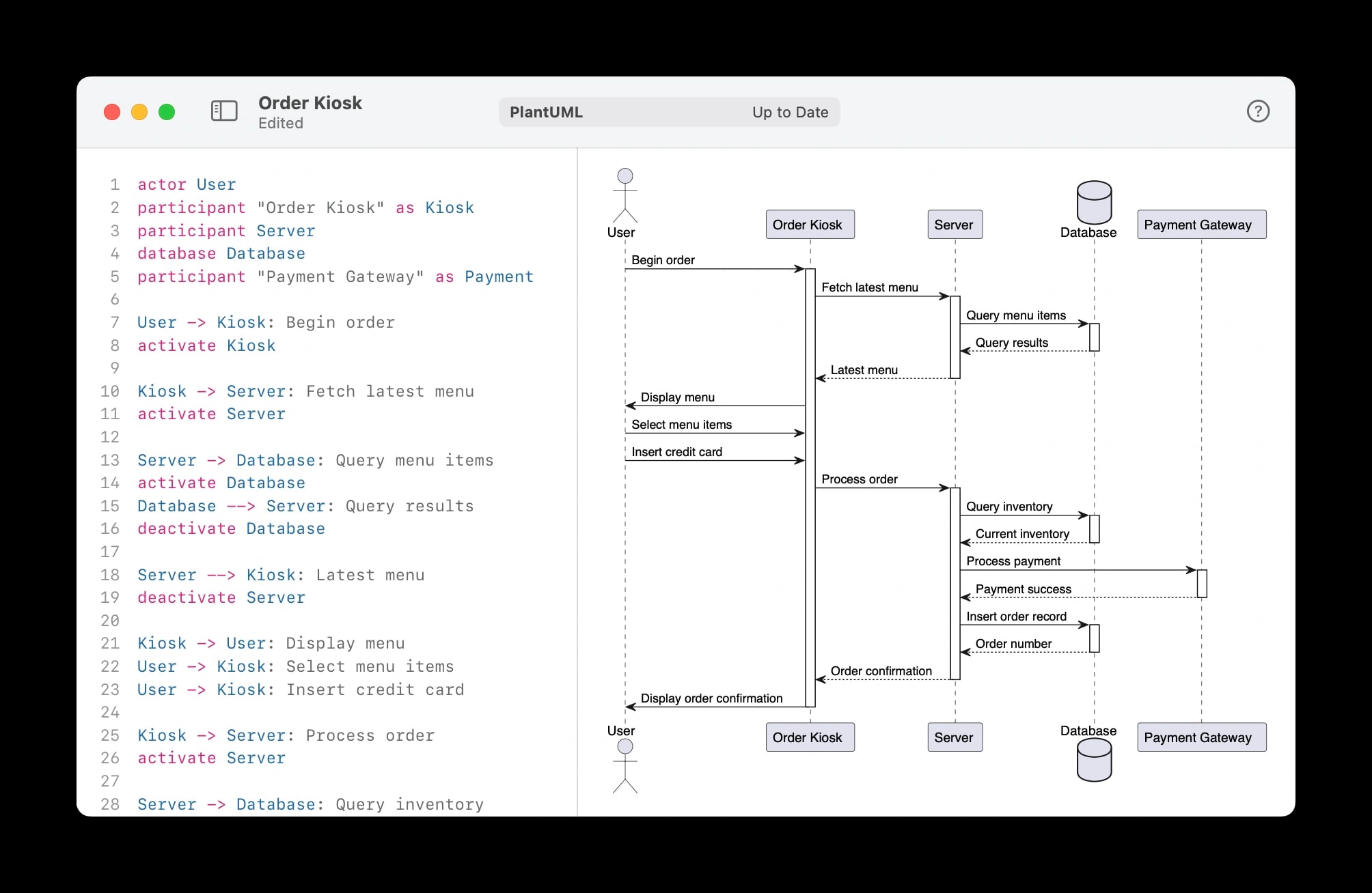 The Diagrammar user interface demonstrating the editing of a PlantUML sequence diagram for an ordering kiosk system. The diagram shows the interactions between user, order kiosk, server, database, and payment gateway.