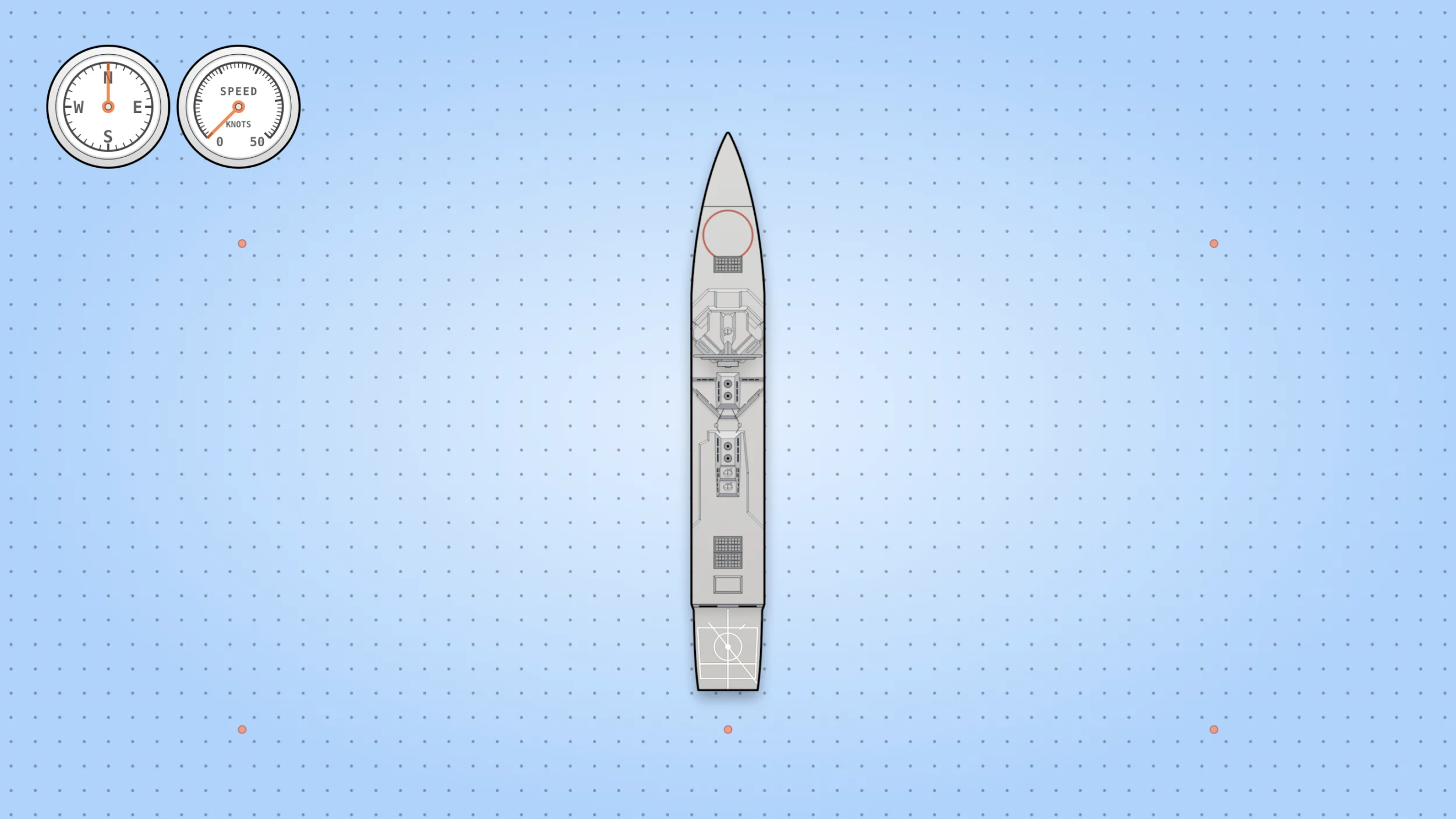 Visualization of the propulsion process depicting a naval ship from an
overhead view navigating through
water.