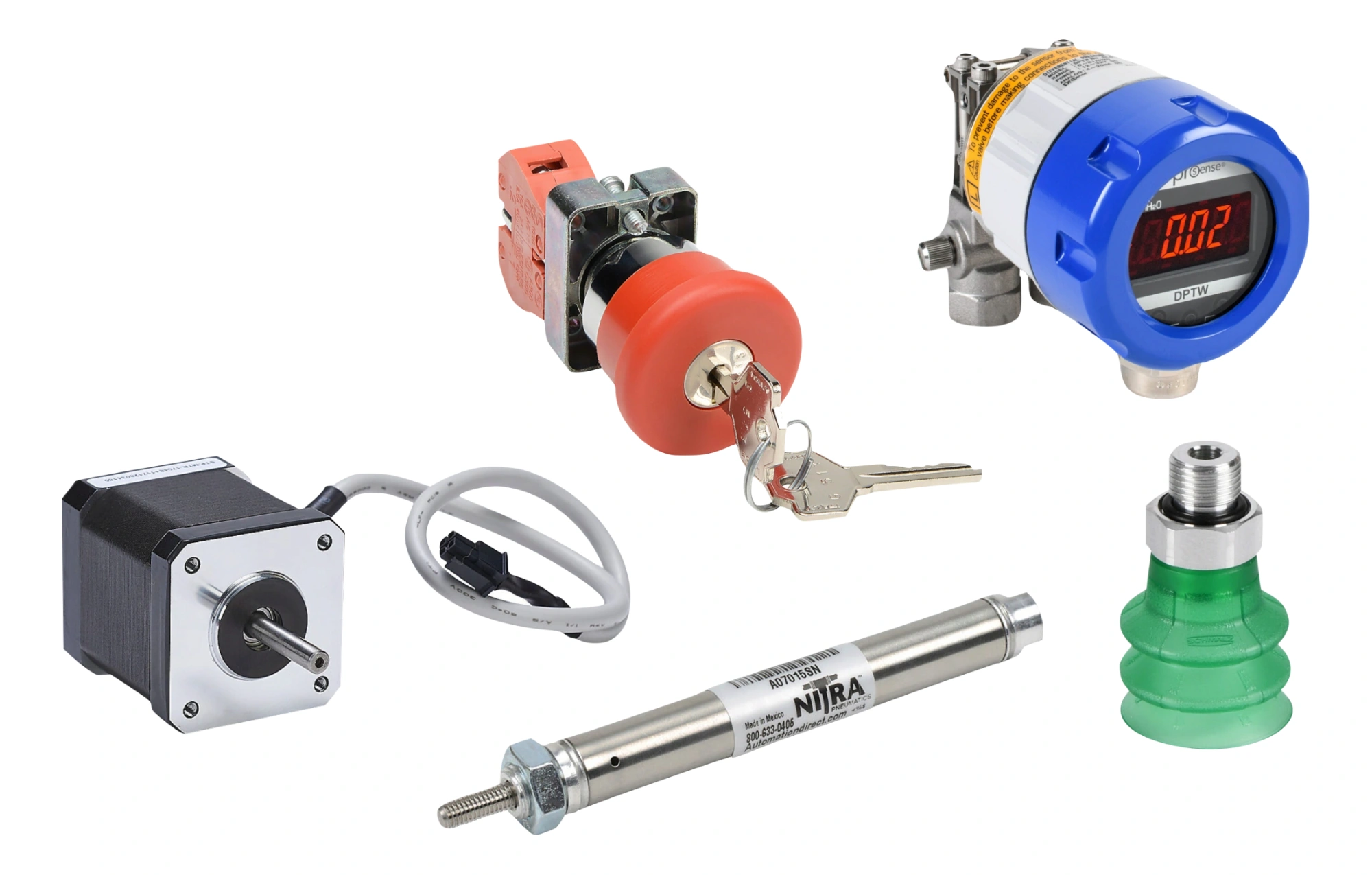 A collage of sensors and actuators, including a servo motor, emergency
stop switch, pneumatic actuator, vacuum gripper, and pressure
sensor.